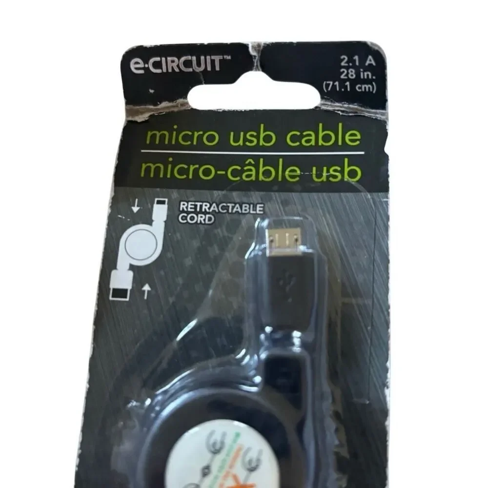 e-circuit 2.1 A 28” Micro USB Retractable Cord Cable *New*